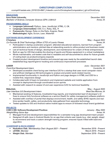 Sample computational sciences-themed resume