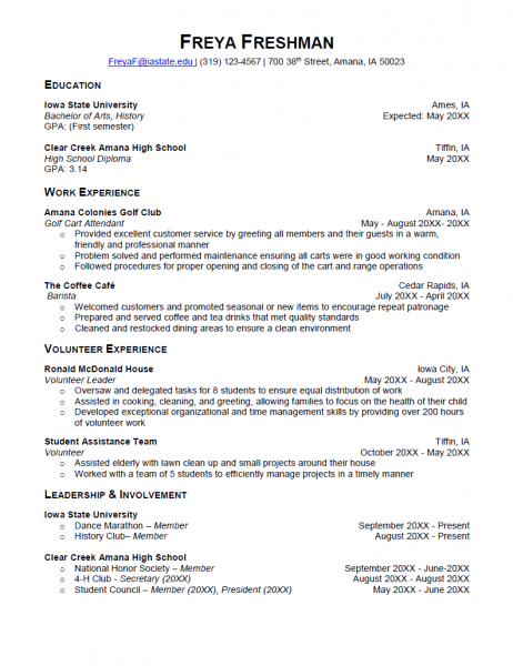 Sample Freshman resume