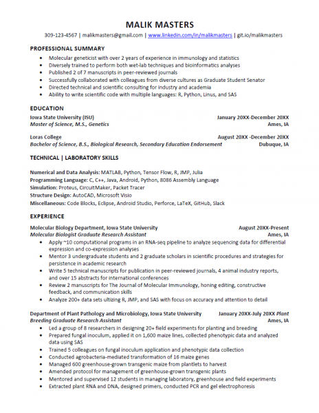 Sample graduate student resume
