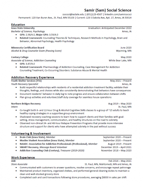 Sample social science-themed resume
