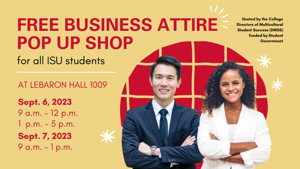 Free Business Attire Pop Up Shop Flyer with two smiling students in professional attire
